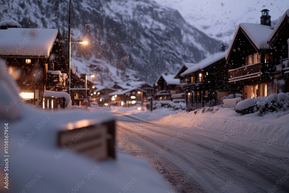 Fototapeta premium A picturesque winter scene featuring a snow-covered village street illuminated by warm lights, creating a cozy and inviting atmosphere amidst the chilly surroundings.