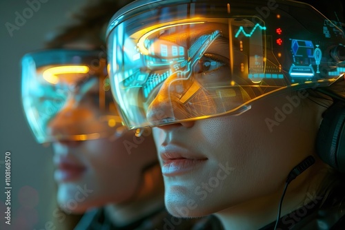 Elegant woman and groomed man with glasses operate as futuristic Business Service Agents using holographic screens and AI to aid customers in technologically advanced call center. photo