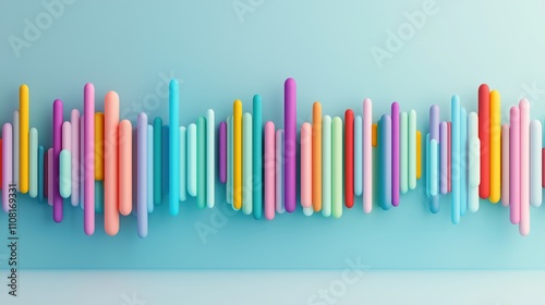 Colorful abstract sound wave pattern with vertical bars and soft pastel hues on light blue background for creative design and modern decor concepts photo