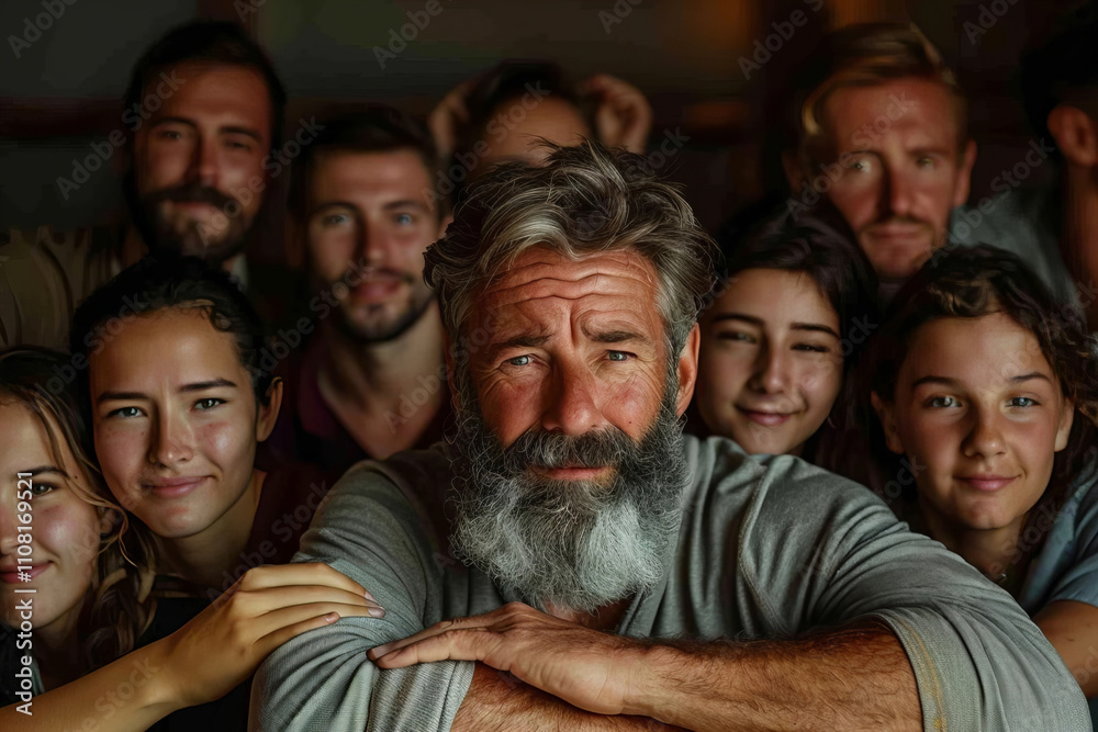 Fototapeta premium Smiling, Laughing Group of People of Different Ages and Genders, Some Wearing Glasses, Including One Well-Groomed Bearded Man, All Suffering from Wrist Pain