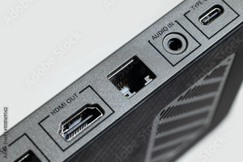 video mixer HDMI out connector device technology wire element close up object isolated on white background