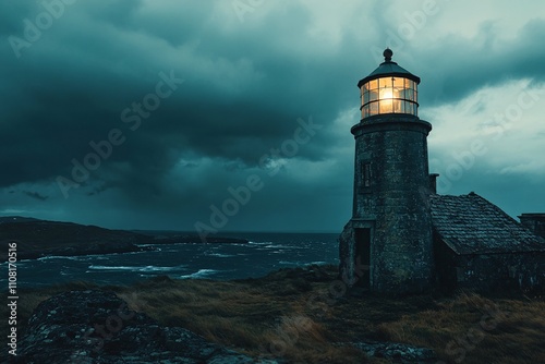 Wallpaper Mural Old lighthouse with weathered stone walls, fierce storm raging around it, high tides and thunder, illuminated by faint lantern light, medium close-up 3 Torontodigital.ca