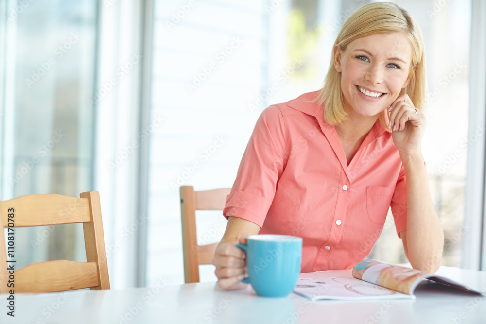 Portrait, creative and woman with coffee, morning and magazine for real estate, property and home. Business, designer and person with tea, renovation and interior design in house, industry and USA Portrait, creative and woman with coffee, morning and magazine for real estate, property and home. Business, designer and person with tea, renovation and interior design in house, industry and USA