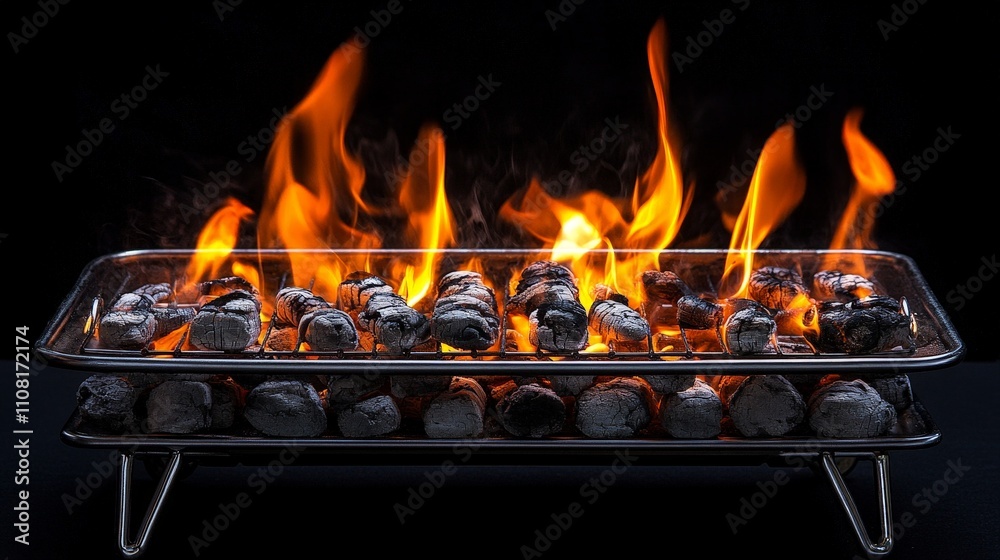A grill with burning charcoal and flames, ideal for cooking outdoors. A grill with burning charcoal and flames, ideal for cooking outdoors.