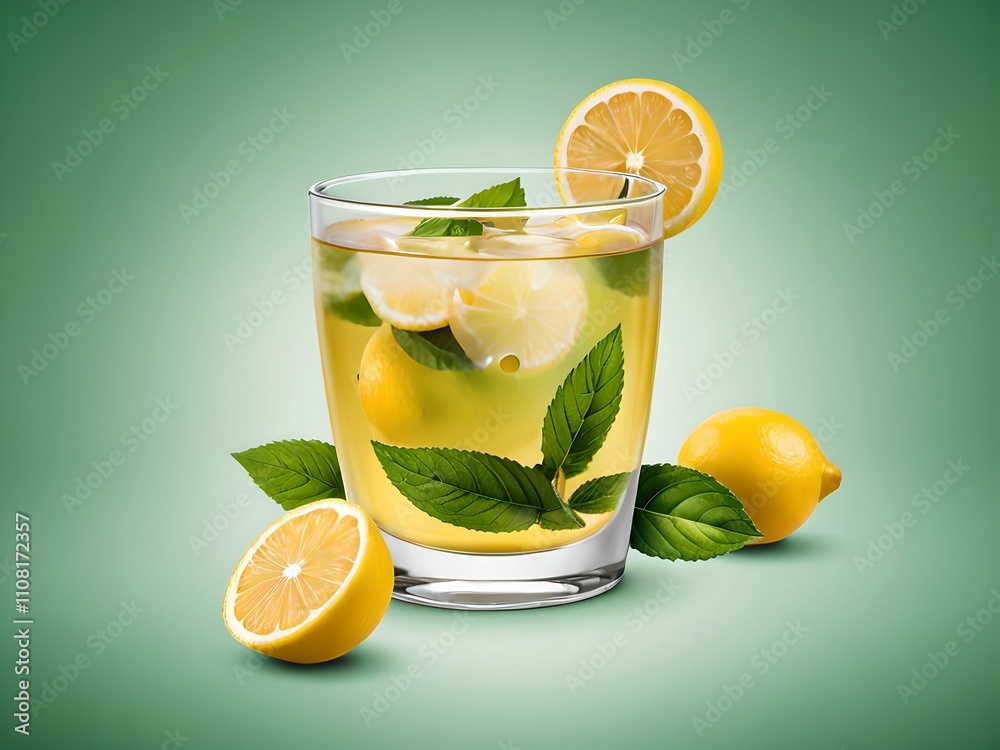 Fototapeta premium poster representing lemon mint tea, in greenish colors.