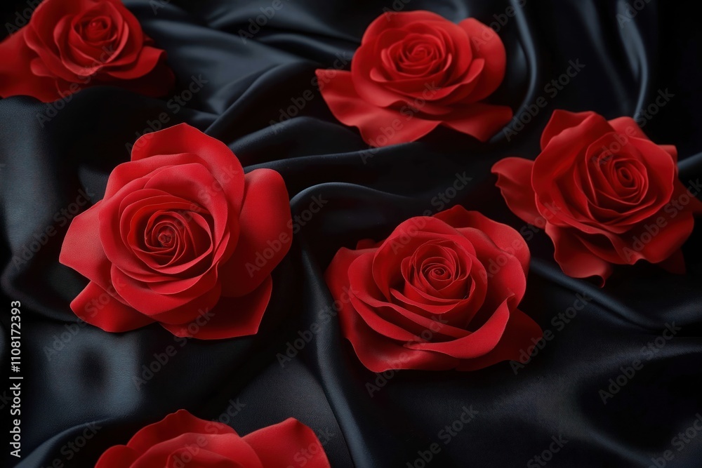 Obraz premium Red roses lay on black silk sheets. Romantic, elegant display. Deep rich color of roses contrasts beautifully with dark fabric. Beautiful flower arrangement suitable for wedding invitations romantic