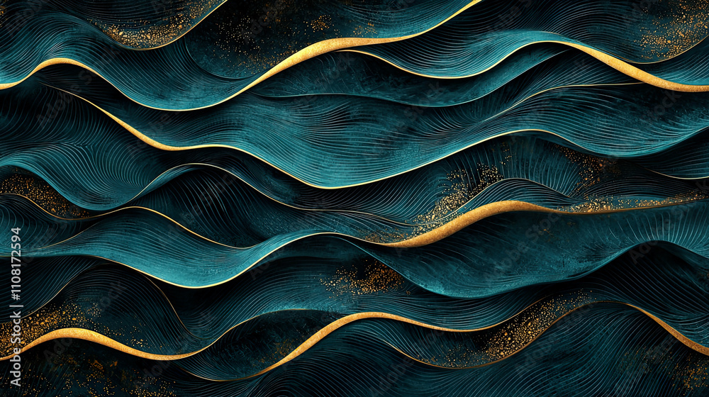 Decorative wave pattern, elegant and flowing, dark teal and gold accents, intricate details, ultra-realistic, ultra-detailed Decorative wave pattern, elegant and flowing, dark teal and gold accents, intricate details, ultra-realistic, ultra-detailed