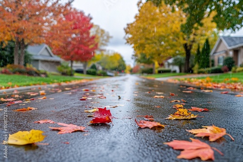 Close-up of vibrant autumn leaves with droplets of rain falling gently, showcasing rich colors like red, orange, and yellow on a soft-focus street lined with trees 2 photo