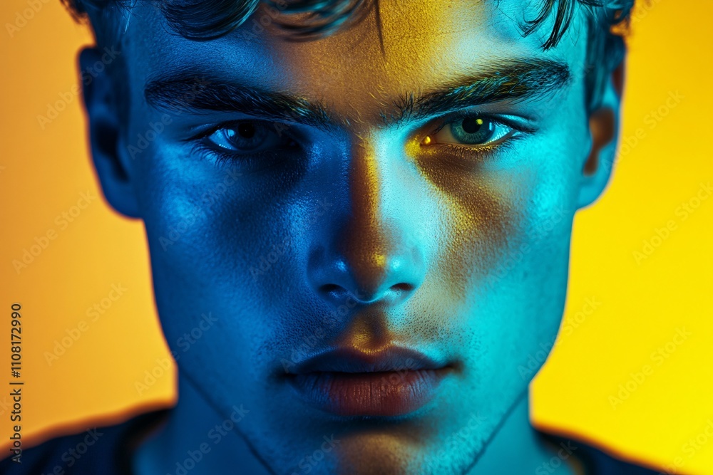 Close-up of a young Caucasian man with intense look, neon yellow and blue lighting, smooth background, flat backdrop, high resolution, dramatic lighting contrasts 4 Close-up of a young Caucasian man with intense look, neon yellow and blue lighting, smooth background, flat backdrop, high resolution, dramatic lighting contrasts 4