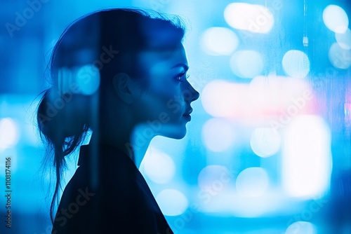 Abstract portrait of a businesswoman standing against a frosted glass window, subtle refracted light creating a blurred and dreamy effect, office background blurred in blue hues 1 photo