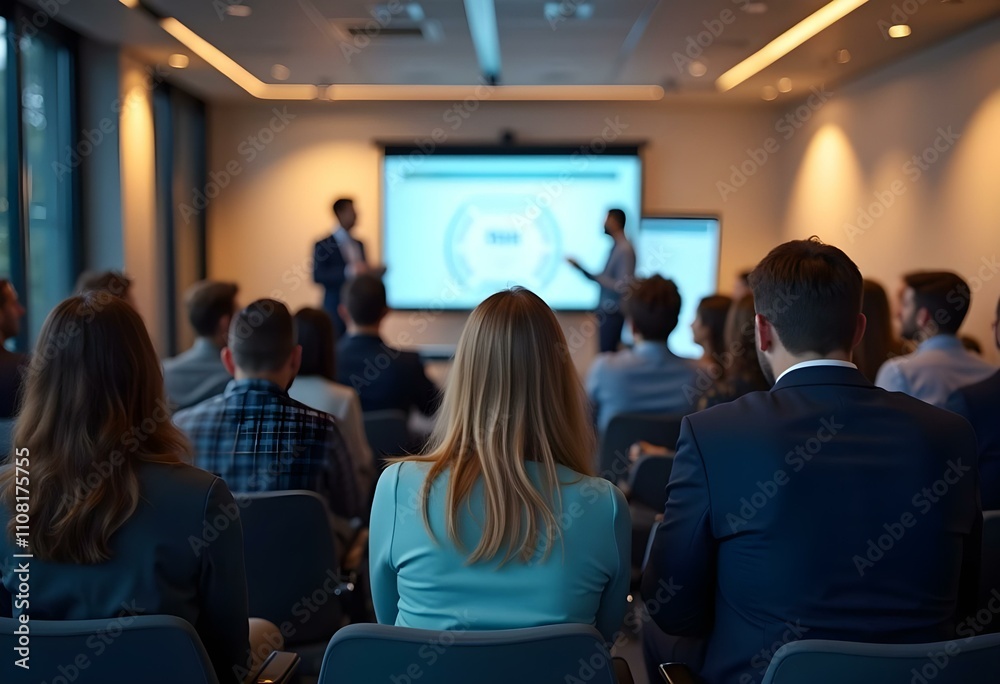Fototapeta premium Corporate, development and seminar with business people in conference room for learning or training. Education, event or workshop with man and woman employee group in audience or crowd at office