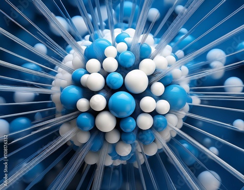 3d render abstract background of white and blue balls close up of microscopic spherical particles irregular atomic structure visual metaphor of deviation and anomaly photo