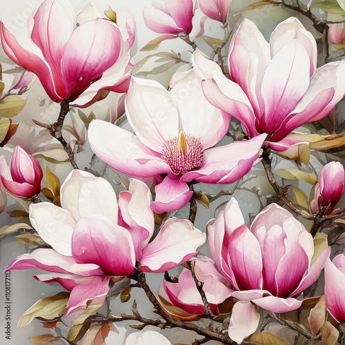 Kwiaty Magnolii, akwarela, wzór. Generative AI photo