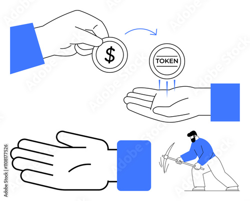 Hand giving a dollar coin and receiving a token, another open hand, and a miner in blue with a pickaxe. Ideal for cryptocurrency, blockchain, digital currency, mining, transaction, investment