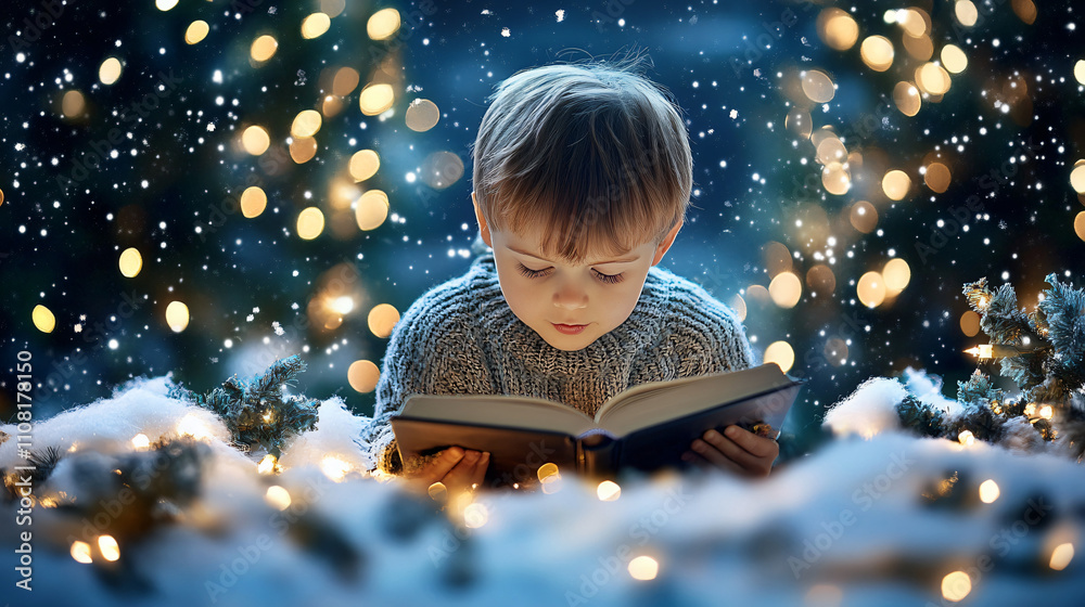 Cozy scene of a child reading a Christmas book by candlelight
