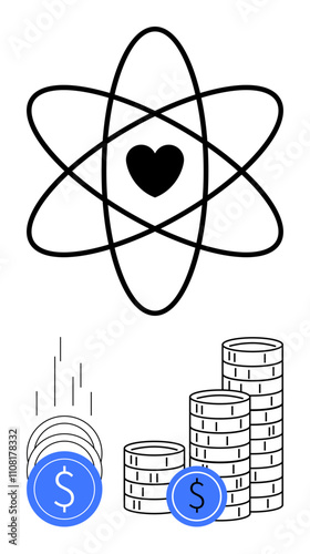 Atomic structure with heart nucleus above cascading and stacked coins. Ideal for finance, economics, love, relationships, balance, investments, contrast. Line metaphor