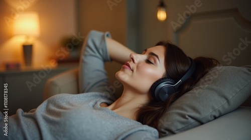 Woman relaxing in a cozy space with headphones on, immersed in calming music, emphasizing the soothing effects of music