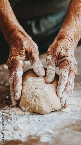 Close-up of hands kneading dough for traditional baking and culinary craftsmanship photo