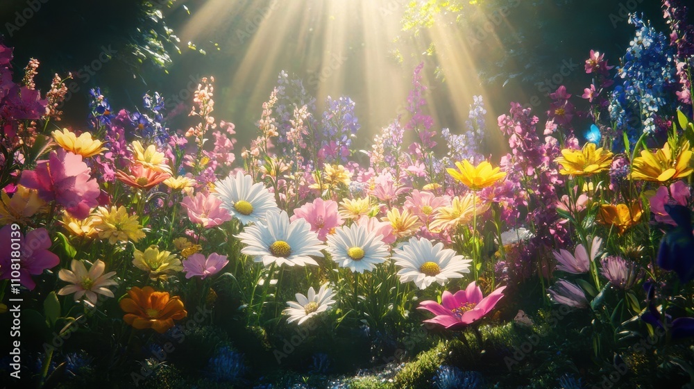 Naklejka premium A field of flowers with a bright sun shining on them