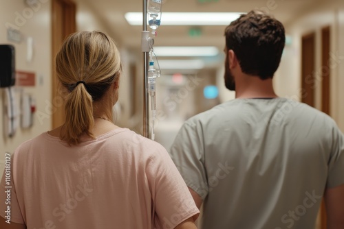 Two medical professionals walking down a hospital hallway, highlighting the importance of healthcare and teamwork in a clinical setting focused on patient care and compassion. photo