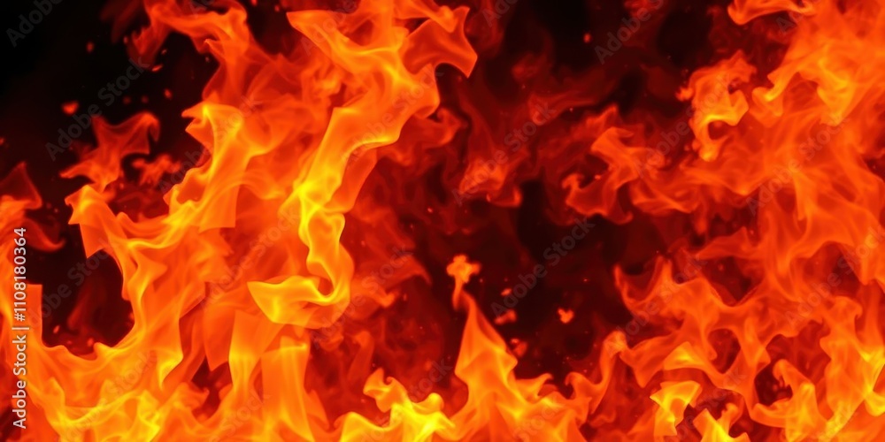 Fototapeta premium Abstract pattern of bright red, orange, and yellow fire flames against a stark black background, intensity, black background
