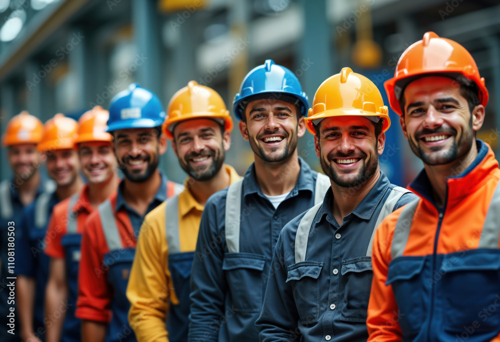 Happy industrial workers wearing safety helmets, work uniforms stand in factory. Diverse group of professionals. Positive, united team. Focus on teamwork, community, labor day theme. Confidence