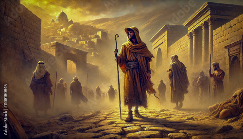 historical scene, ancient city, robed figure, staff, golden sunset, stone buildings, biblical era, atmospheric, timeless, vintage, historical architecture, dramatic lighting, storytelling, ancient civ photo