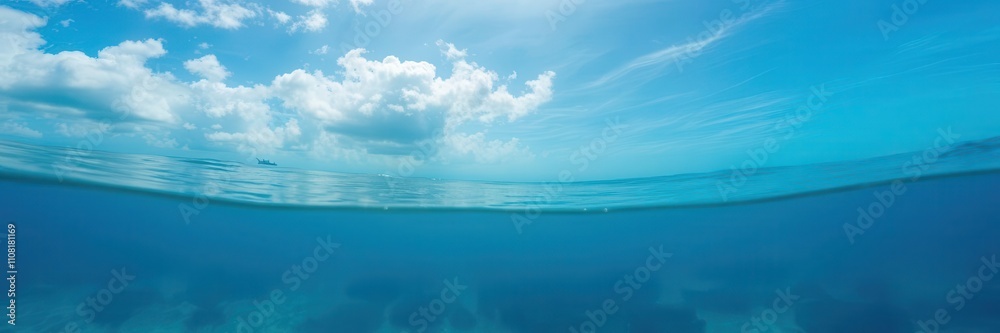 Obraz premium Blue sea water surface with the sun shining through the cloudy sky, showcasing the underwater world full of marine life, tranquil, peaceful