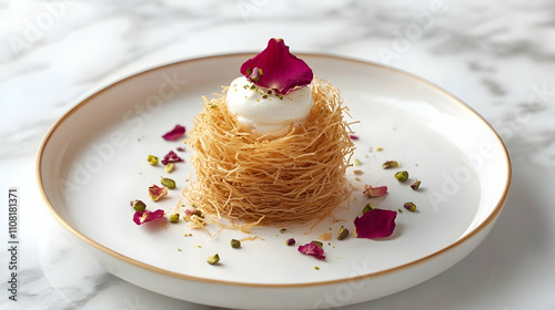 Lebanese Kunafa Nest with Ashta Cream, Crushed Pistachios and Rose Syrup Drizzle, Middle Eastern Dessert Photography photo