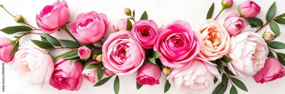 Fototapeta premium Fresh bunch of pink peonies and roses with copy space on white background, fresh, elegant