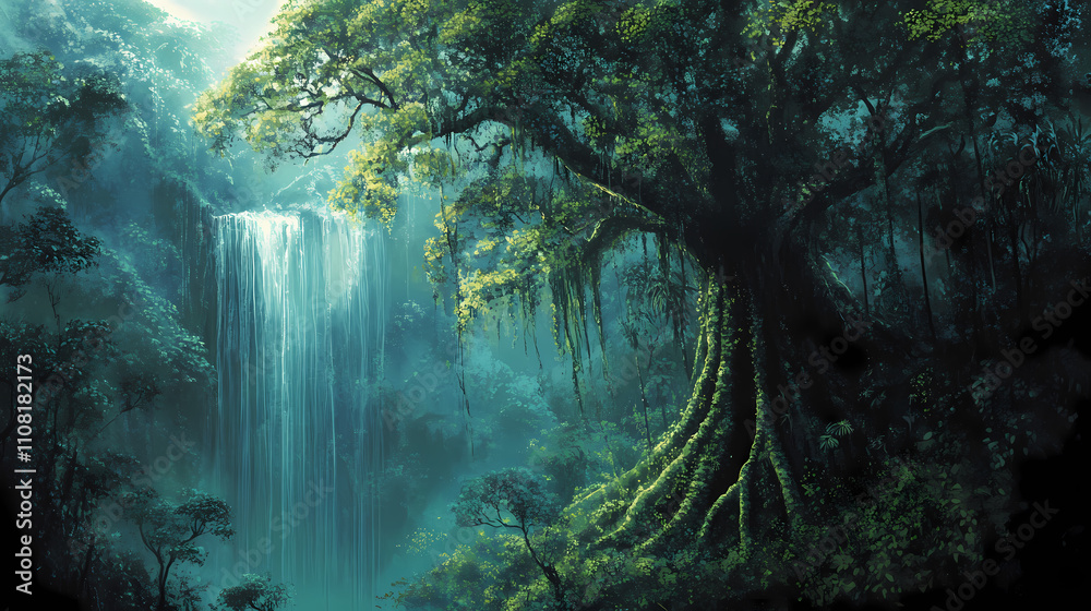 Tall and majestic samauma tree in dense tropical rainforest , rainforest, amazon, tree, nature, green, lush, canopy, biodiversity. Majestic. Illustration Tall and majestic samauma tree in dense tropical rainforest , rainforest, amazon, tree, nature, green, lush, canopy, biodiversity. Majestic. Illustration