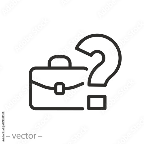 icon of question mark with portfolio, unknown amount of work, career choice, thinking or search about next job, thin line symbol on white background - editable stroke vector illustration  