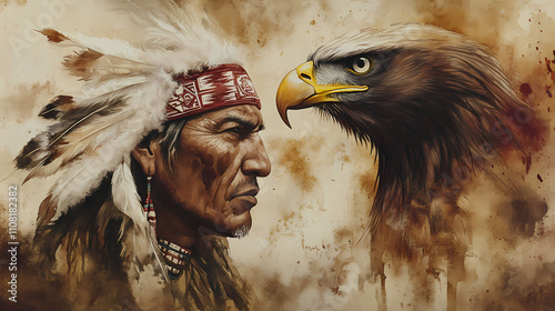 watercolor native american and eagle photo