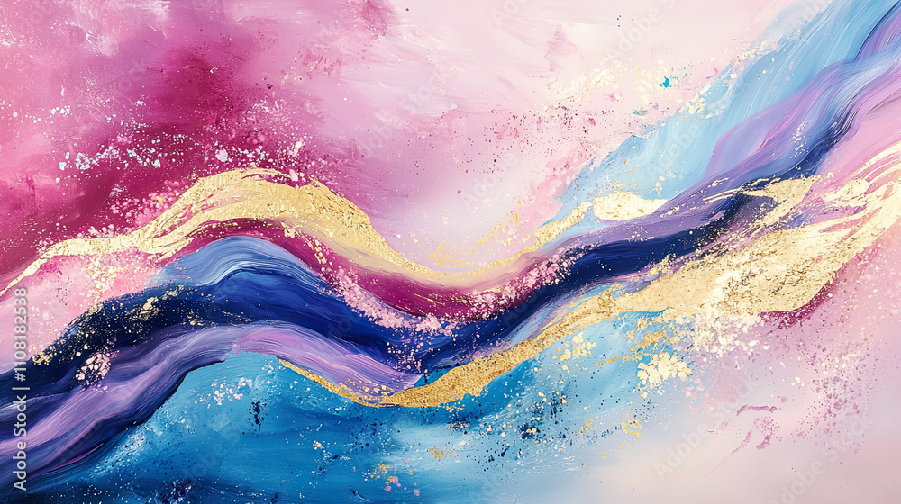 Smooth, curved streaks of vibrant pink, purple, and blue with delicate gold accents, ultra-realistic texture, intricate details, high-definition, subtle light reflections