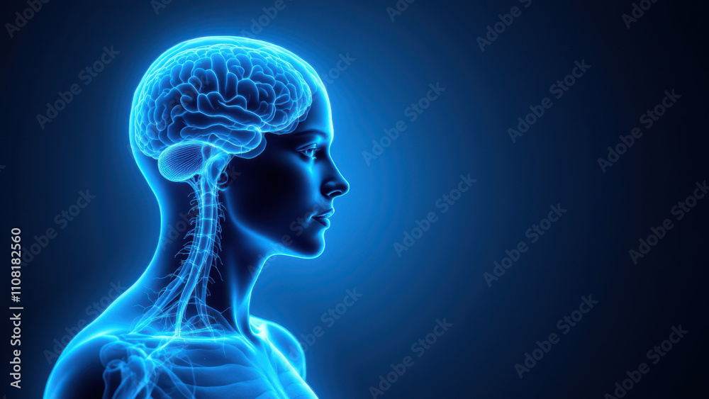 Fototapeta premium Vagus Nerve Stimulation (VNS) medical imaging showing a woman's head with highlighted brain structure.
