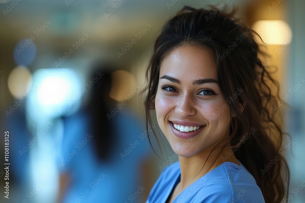 Fototapeta premium A Glimpse into the Daily Routine of a Female Medical Assistant: Radiant Smile in a Hospital Environment