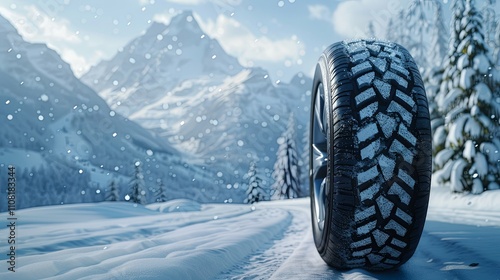 Winter tire on snowy mountain road, ready for driving in cold weather conditions. photo