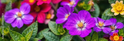 Vibrant purple flower petals and leaves in a lush garden setting, petals, purple