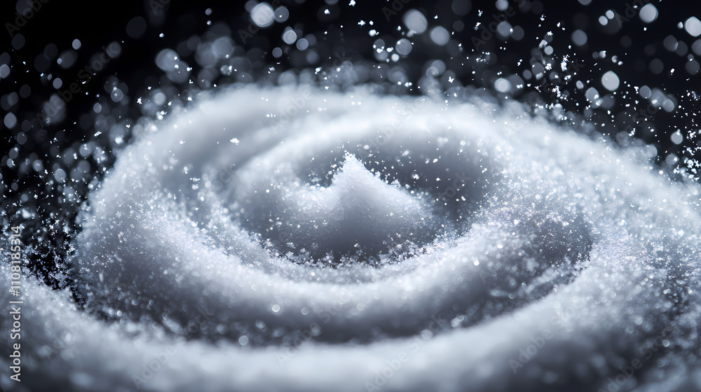 Fototapeta premium A majestic swirl of white snow on a dark black surface creating a dramatic and eye-catching bokeh, abstract design, frosty texture. Majestic. Illustration