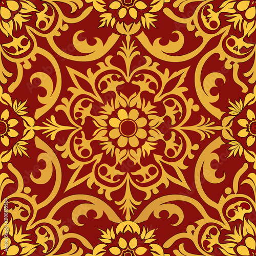 Rich tapestry pattern creating seamless design with intricate floral motifs