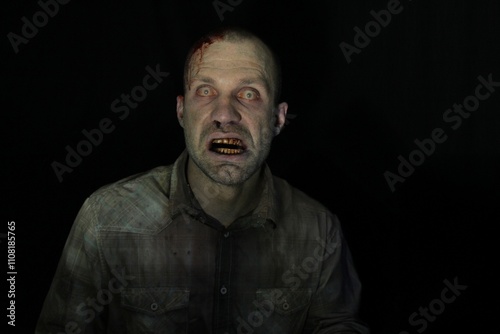 Bloody male zombie in darkness 