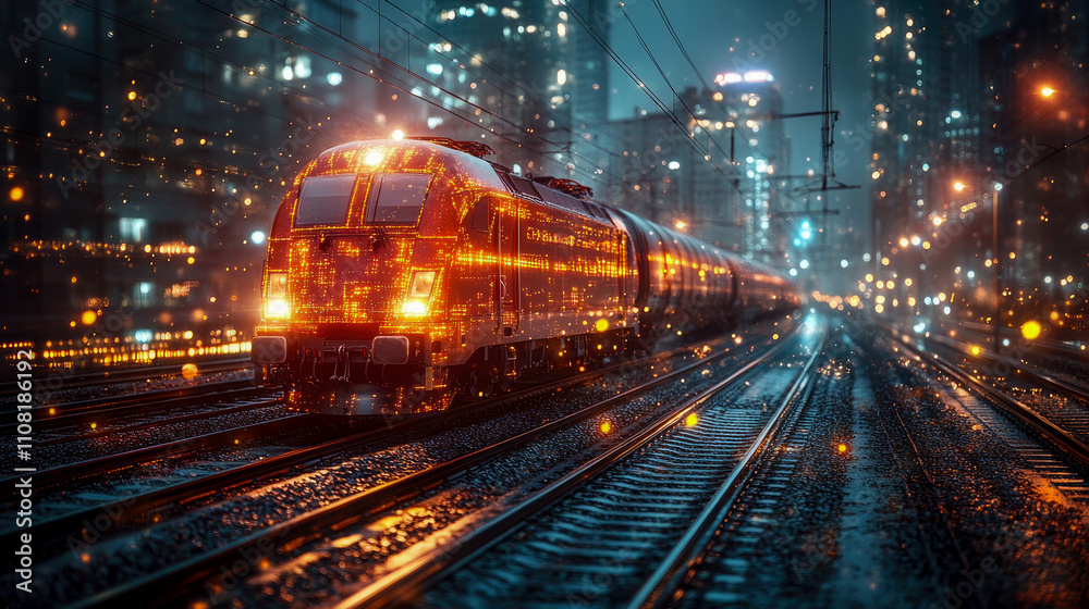 Obraz premium A bright train moves along wet tracks in a bustling city at night, illuminated by reflections from nearby buildings and streetlights