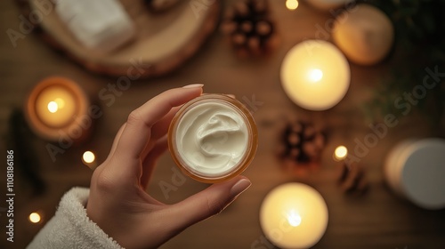 Woman holding moisturizing cream jar surrounded by candles during spa treatment