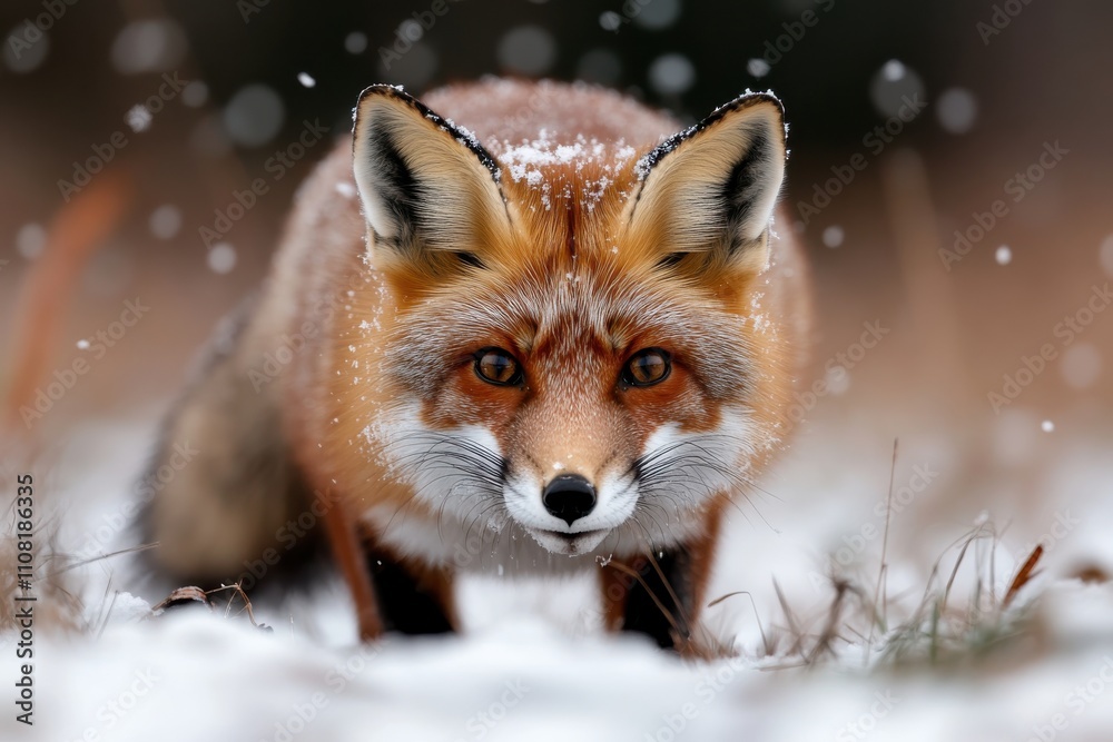 Fototapeta premium This captivating image captures a focused fox staring intently through gently falling snowflakes, revealing its enchanting eyes and playful spirit.