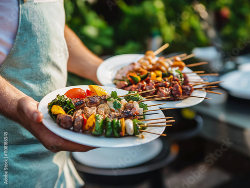 Grillparty mit bunten Gemüsespießen im Freien

 photo