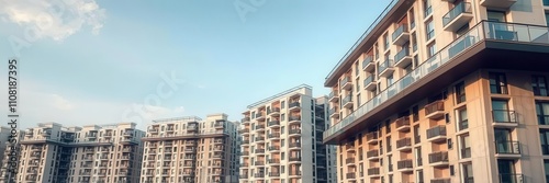 A modern module apartment block with clean lines and neutral colors, featuring large windows and balconies, architecture, facade