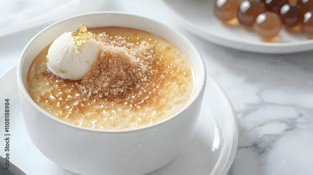 Hong Kong Milk Tea Creme Brulee with Condensed Milk Ice Cream and Brown Sugar Pearls, Asian Fusion Photography Hong Kong Milk Tea Creme Brulee with Condensed Milk Ice Cream and Brown Sugar Pearls, Asian Fusion Photography