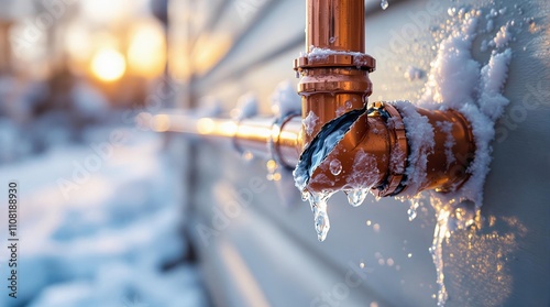 Frozen copper pipe with ice and snow in winter sunrise photo