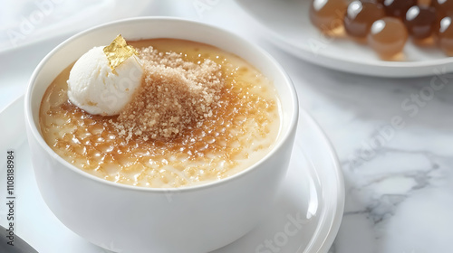 Hong Kong Milk Tea Creme Brulee with Condensed Milk Ice Cream and Brown Sugar Pearls, Asian Fusion Photography