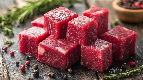 Cubes of raw beef meat slpash isolated background photo